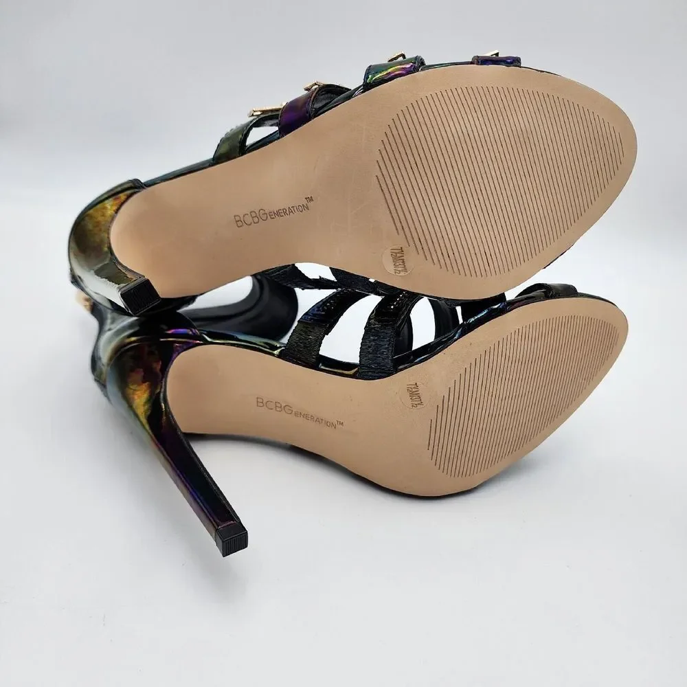 BCBGeneration Casey Strappy Ankle Sandals Open Toe Black Hologram Patent 7.5‎ M